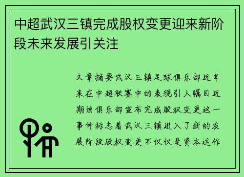 中超武汉三镇完成股权变更迎来新阶段未来发展引关注 中超武汉三镇完成股权变更迎来新阶段未来发展引关注