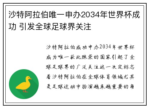 沙特阿拉伯唯一申办2034年世界杯成功 引发全球足球界关注 沙特阿拉伯唯一申办2034年世界杯成功 引发全球足球界关注